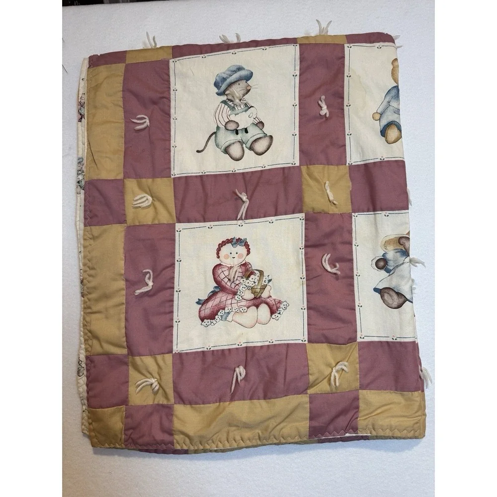 Vintage Reversible Embroidered Tied Baby Quilt 40x50‎ SALLY ANNE